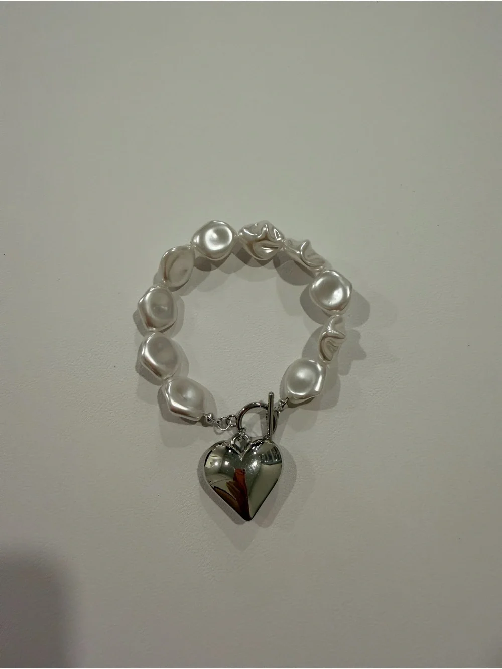 Silver Heart Charm Pearl Link Bracelet